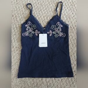 Subdued beaded floral tank top with lace trim in Navy blue size XS